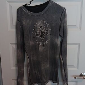 Affliction Live Fast Distressed Gray Long Sleeve Crewneck